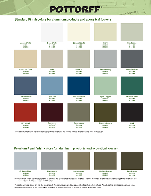 Pottorff’s standard color line and premium pearl  colors for aluminum and acoustical louvers
